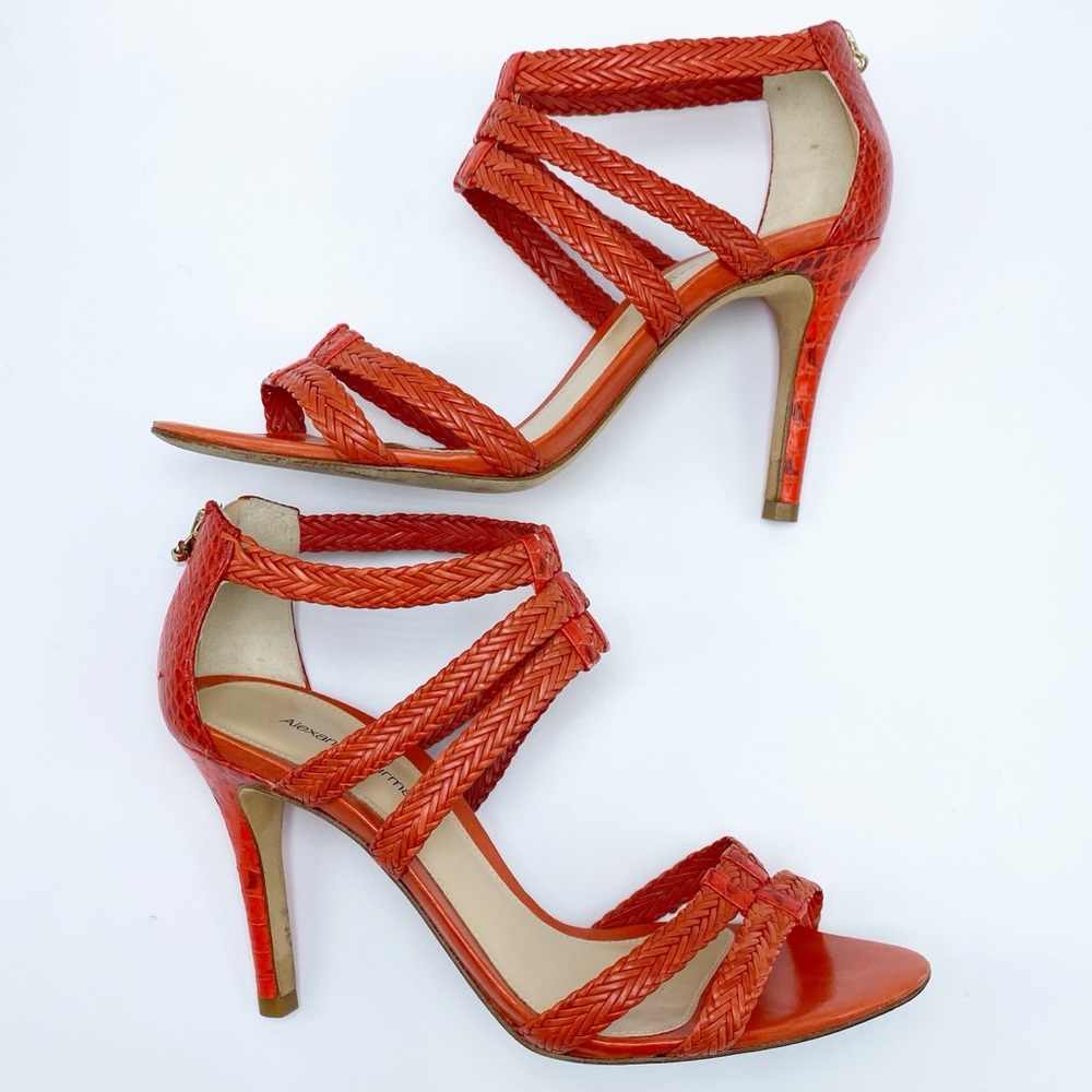 Alexandre Birman size 6.5 Coral Snakeskin & Braided Leather Stiletto Sandals